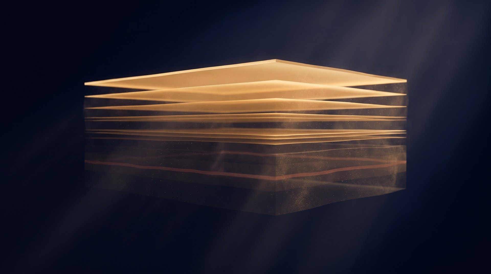Gold translucent layers settling in deep indigo space