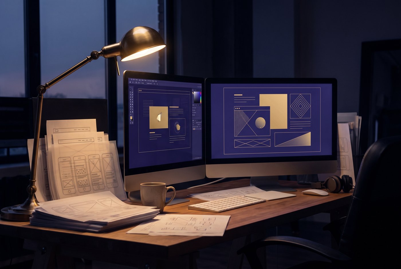 The Strata studio at dusk, wireframes stacked beside two glowing indigo screens